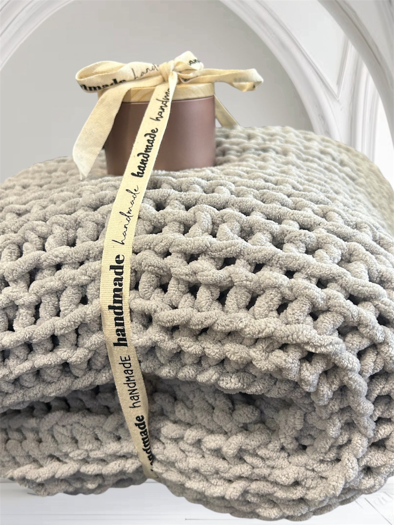 Candle + crochet throw blanket bundle