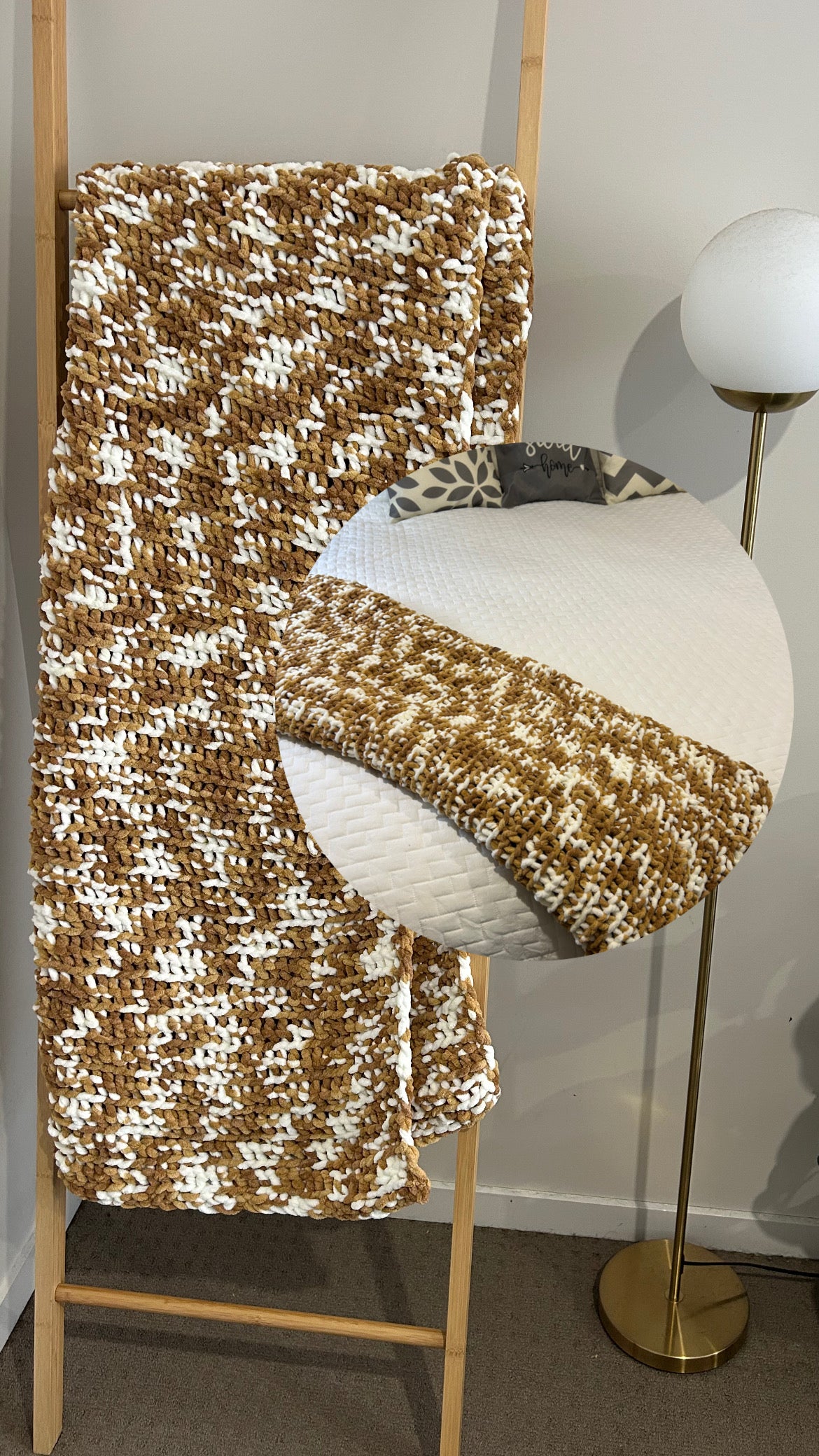 Handmade Crochet Throw Blanket - brown and white