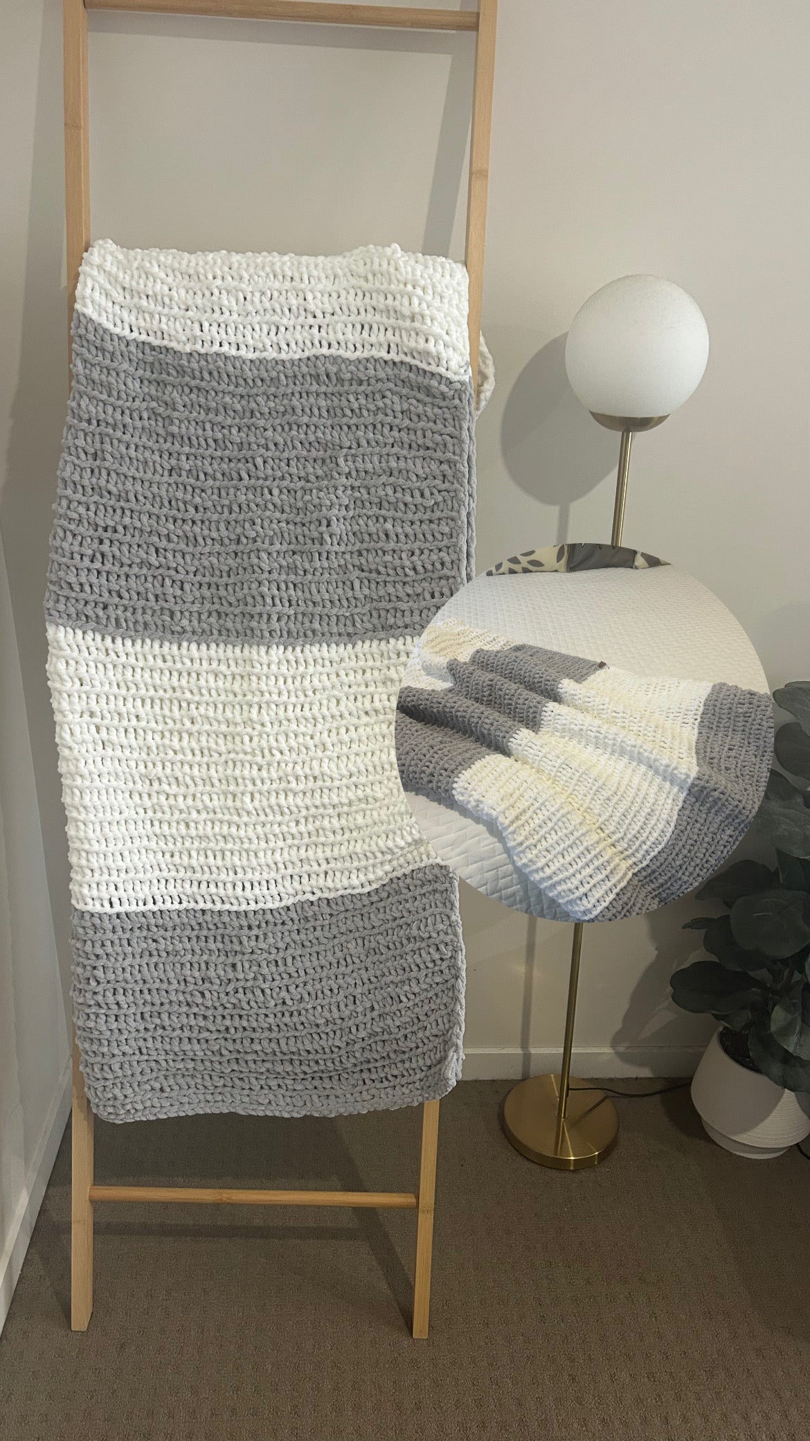 Handmade Crochet Blanket – Throw Size - White & Grey