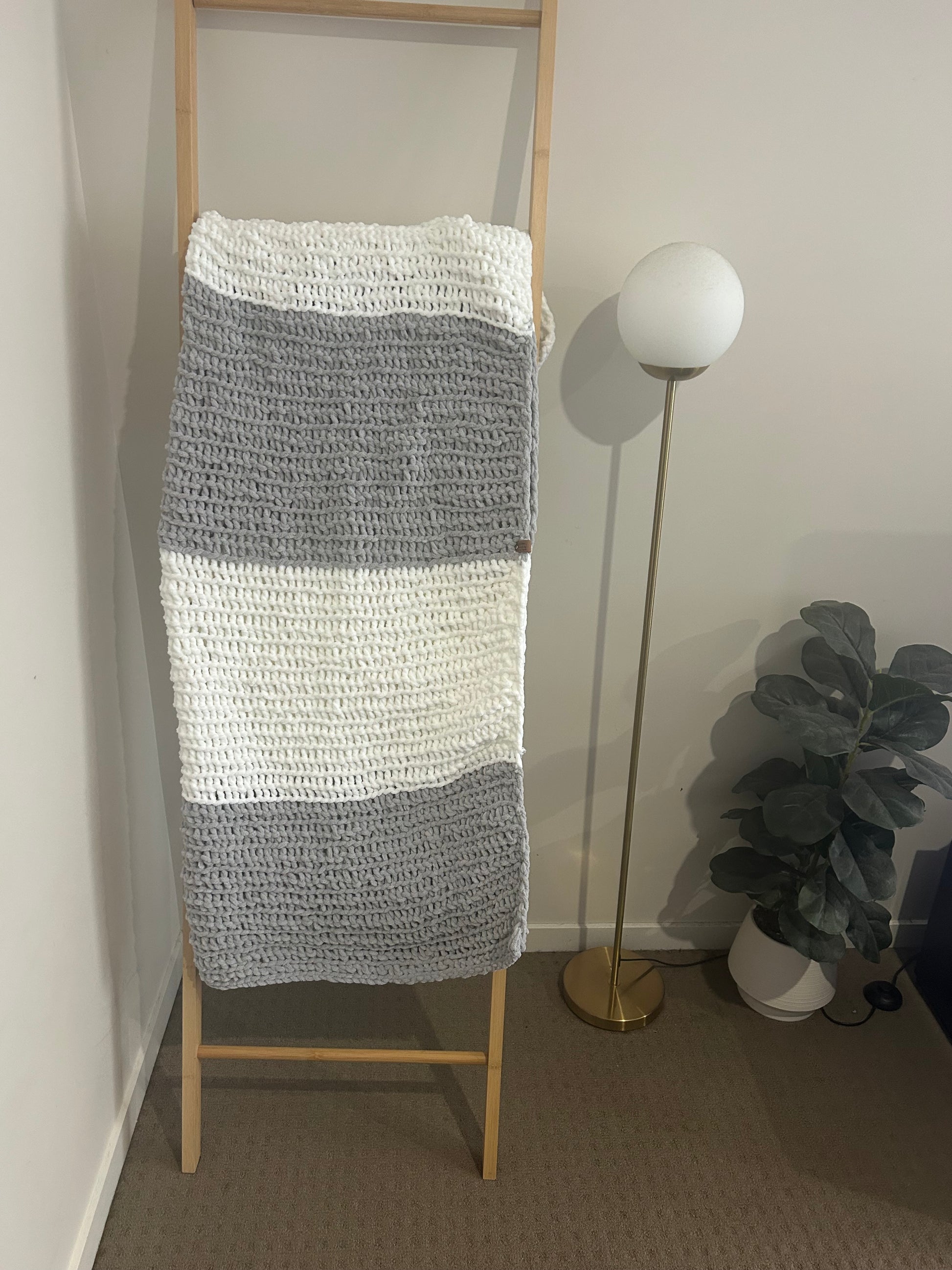 Handmade Crochet Blanket – Throw Size - White & Grey