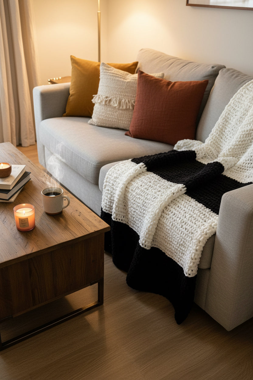 Handmade Crochet Blanket – Throw Size - Black and White