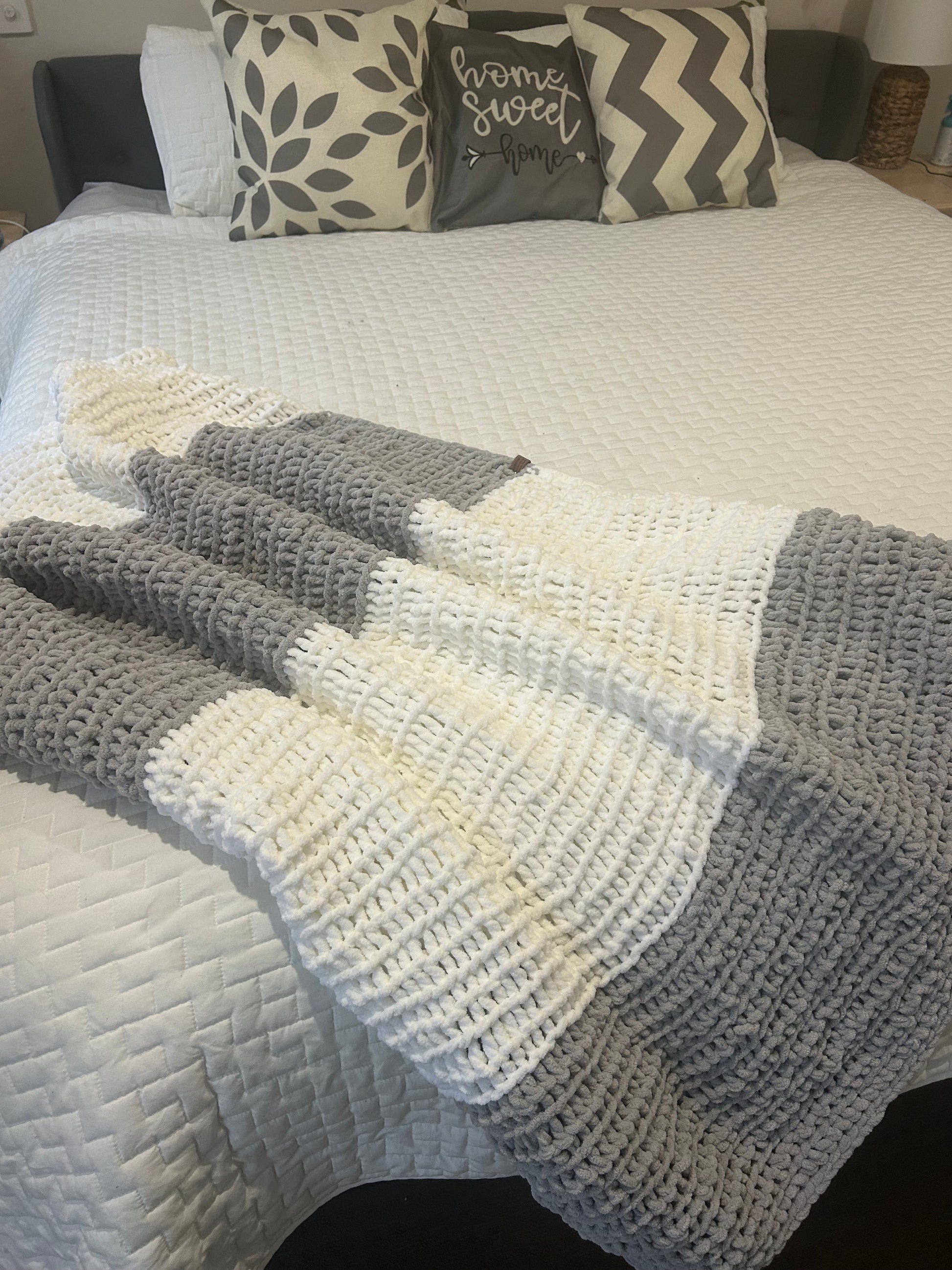 Handmade Crochet Blanket – Throw Size - White & Grey