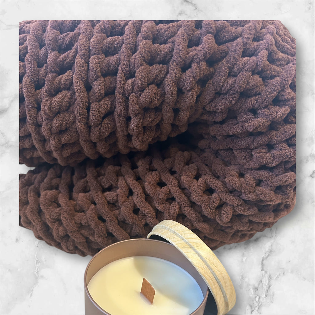 Candle + crochet throw blanket bundle
