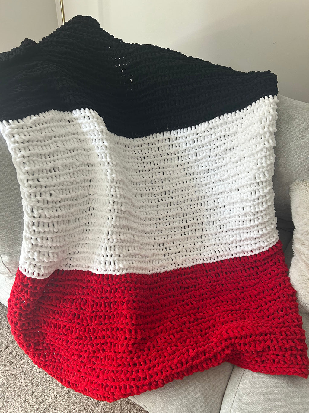 Handmade Crochet Blanket – Red, white black